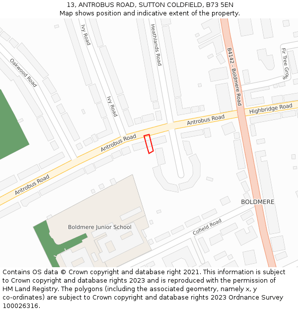 13, ANTROBUS ROAD, SUTTON COLDFIELD, B73 5EN: Location map and indicative extent of plot