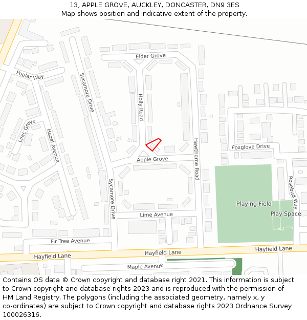 13, APPLE GROVE, AUCKLEY, DONCASTER, DN9 3ES: Location map and indicative extent of plot