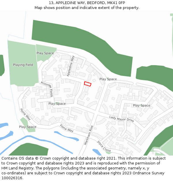 13, APPLEDINE WAY, BEDFORD, MK41 0FP: Location map and indicative extent of plot