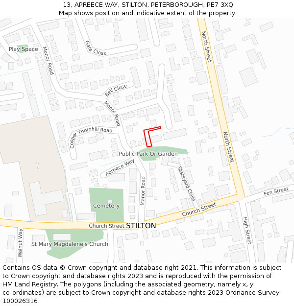 13, APREECE WAY, STILTON, PETERBOROUGH, PE7 3XQ: Location map and indicative extent of plot