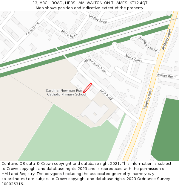 13, ARCH ROAD, HERSHAM, WALTON-ON-THAMES, KT12 4QT: Location map and indicative extent of plot