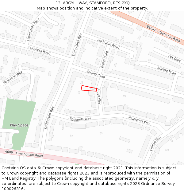 13, ARGYLL WAY, STAMFORD, PE9 2XQ: Location map and indicative extent of plot