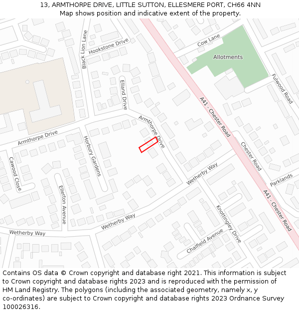 13, ARMTHORPE DRIVE, LITTLE SUTTON, ELLESMERE PORT, CH66 4NN: Location map and indicative extent of plot
