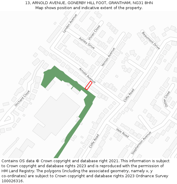 13, ARNOLD AVENUE, GONERBY HILL FOOT, GRANTHAM, NG31 8HN: Location map and indicative extent of plot