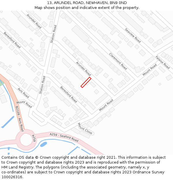 13, ARUNDEL ROAD, NEWHAVEN, BN9 0ND: Location map and indicative extent of plot