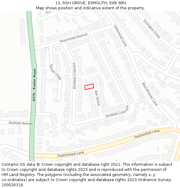 13, ASH GROVE, EXMOUTH, EX8 3BN: Location map and indicative extent of plot