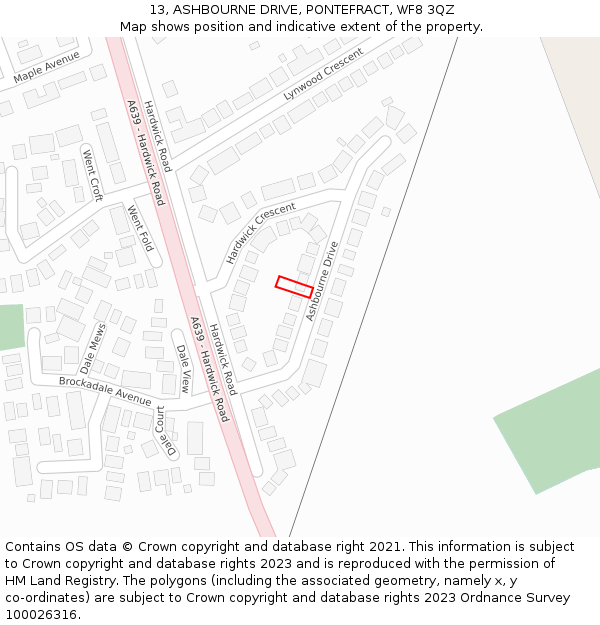 13, ASHBOURNE DRIVE, PONTEFRACT, WF8 3QZ: Location map and indicative extent of plot