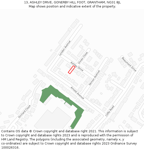 13, ASHLEY DRIVE, GONERBY HILL FOOT, GRANTHAM, NG31 8JL: Location map and indicative extent of plot