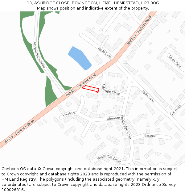 13, ASHRIDGE CLOSE, BOVINGDON, HEMEL HEMPSTEAD, HP3 0QG: Location map and indicative extent of plot