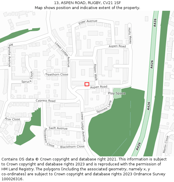 13, ASPEN ROAD, RUGBY, CV21 1SF: Location map and indicative extent of plot