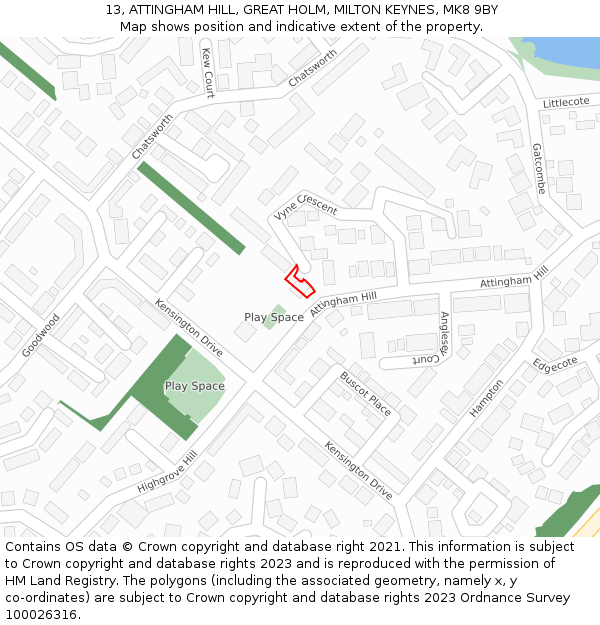 13, ATTINGHAM HILL, GREAT HOLM, MILTON KEYNES, MK8 9BY: Location map and indicative extent of plot