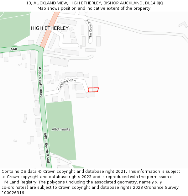 13, AUCKLAND VIEW, HIGH ETHERLEY, BISHOP AUCKLAND, DL14 0JQ: Location map and indicative extent of plot