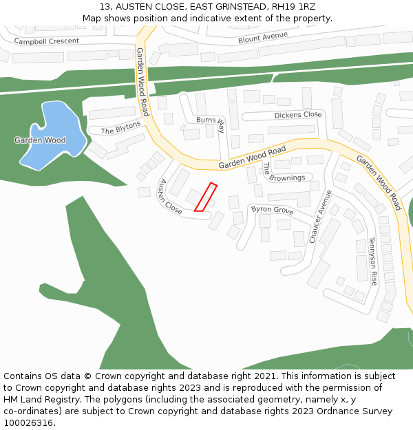 13, AUSTEN CLOSE, EAST GRINSTEAD, RH19 1RZ: Location map and indicative extent of plot