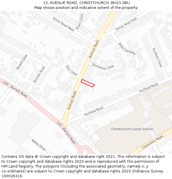 13, AVENUE ROAD, CHRISTCHURCH, BH23 2BU: Location map and indicative extent of plot