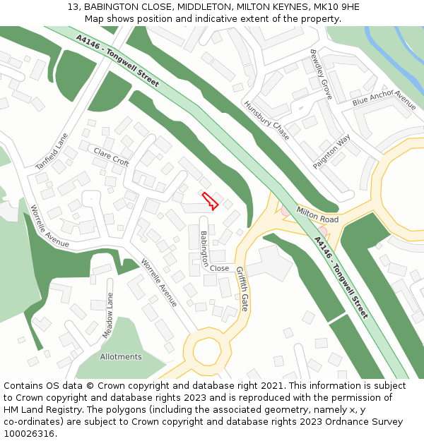 13, BABINGTON CLOSE, MIDDLETON, MILTON KEYNES, MK10 9HE: Location map and indicative extent of plot