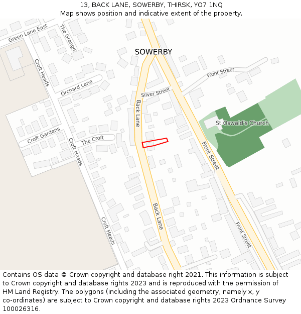 13, BACK LANE, SOWERBY, THIRSK, YO7 1NQ: Location map and indicative extent of plot