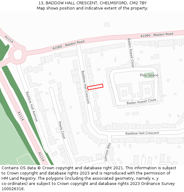 13, BADDOW HALL CRESCENT, CHELMSFORD, CM2 7BY: Location map and indicative extent of plot