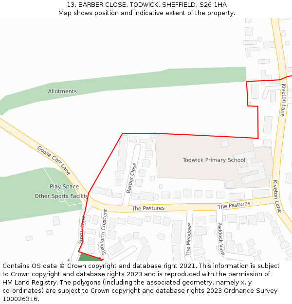 13, BARBER CLOSE, TODWICK, SHEFFIELD, S26 1HA: Location map and indicative extent of plot