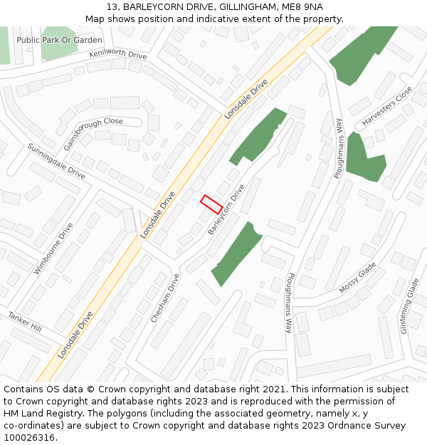 13, BARLEYCORN DRIVE, GILLINGHAM, ME8 9NA: Location map and indicative extent of plot
