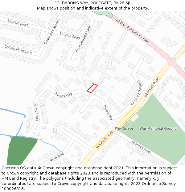 13, BARONS WAY, POLEGATE, BN26 5JL: Location map and indicative extent of plot