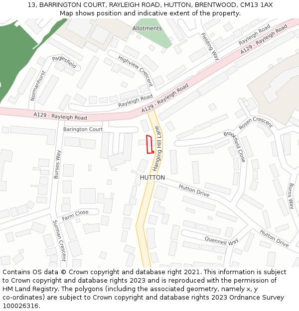 13, BARRINGTON COURT, RAYLEIGH ROAD, HUTTON, BRENTWOOD, CM13 1AX: Location map and indicative extent of plot