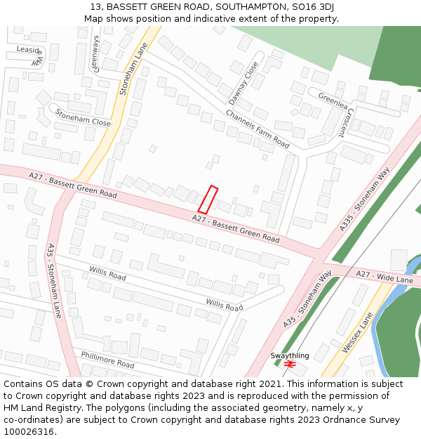 13, BASSETT GREEN ROAD, SOUTHAMPTON, SO16 3DJ: Location map and indicative extent of plot