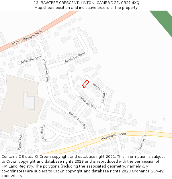 13, BAWTREE CRESCENT, LINTON, CAMBRIDGE, CB21 4XQ: Location map and indicative extent of plot