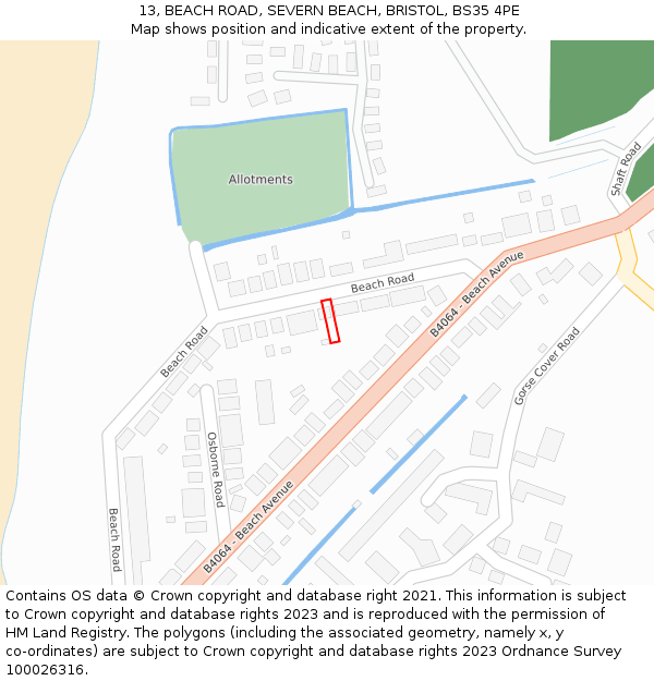 13, BEACH ROAD, SEVERN BEACH, BRISTOL, BS35 4PE: Location map and indicative extent of plot