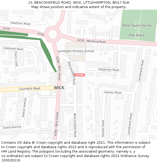 13, BEACONSFIELD ROAD, WICK, LITTLEHAMPTON, BN17 6LW: Location map and indicative extent of plot