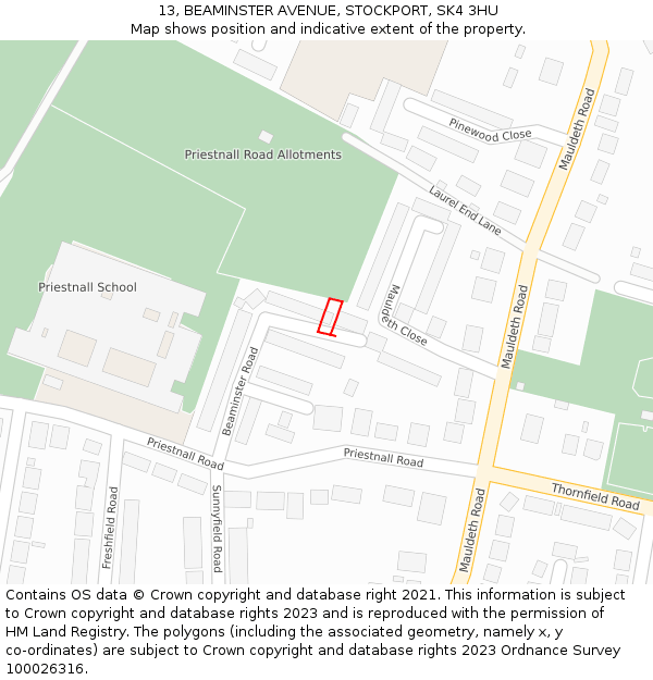 13, BEAMINSTER AVENUE, STOCKPORT, SK4 3HU: Location map and indicative extent of plot
