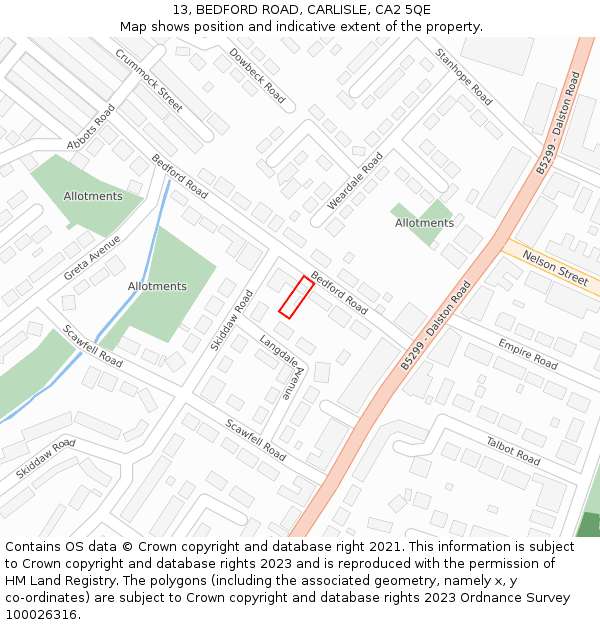 13, BEDFORD ROAD, CARLISLE, CA2 5QE: Location map and indicative extent of plot