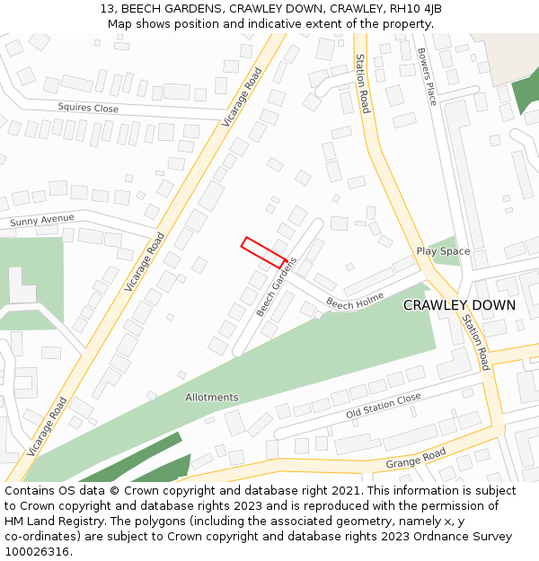 13, BEECH GARDENS, CRAWLEY DOWN, CRAWLEY, RH10 4JB: Location map and indicative extent of plot