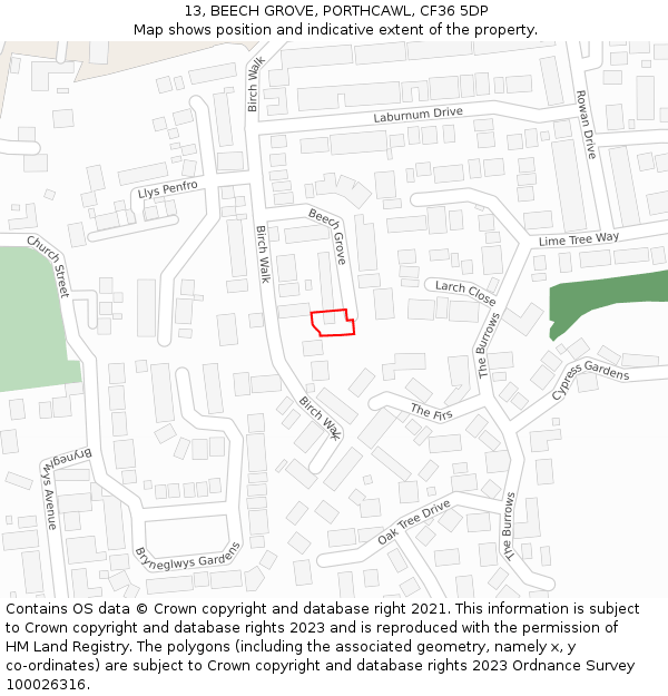 13, BEECH GROVE, PORTHCAWL, CF36 5DP: Location map and indicative extent of plot
