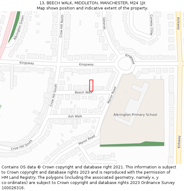 13, BEECH WALK, MIDDLETON, MANCHESTER, M24 1JX: Location map and indicative extent of plot