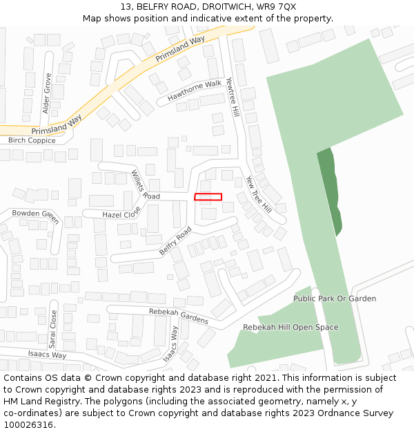 13, BELFRY ROAD, DROITWICH, WR9 7QX: Location map and indicative extent of plot