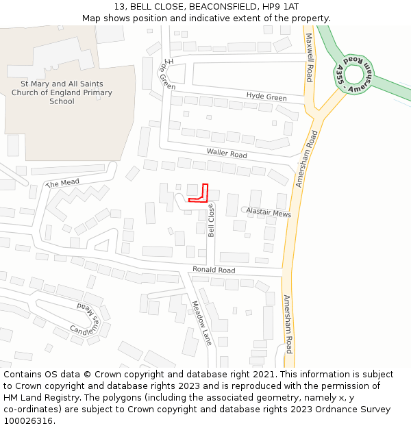 13, BELL CLOSE, BEACONSFIELD, HP9 1AT: Location map and indicative extent of plot