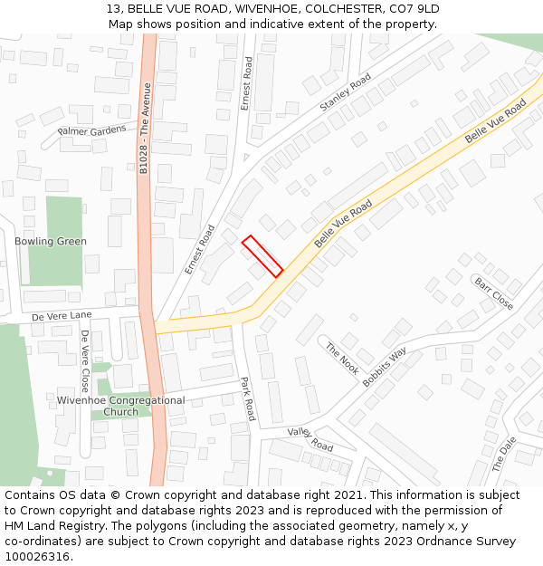 13, BELLE VUE ROAD, WIVENHOE, COLCHESTER, CO7 9LD: Location map and indicative extent of plot