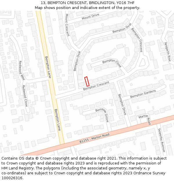 13, BEMPTON CRESCENT, BRIDLINGTON, YO16 7HF: Location map and indicative extent of plot