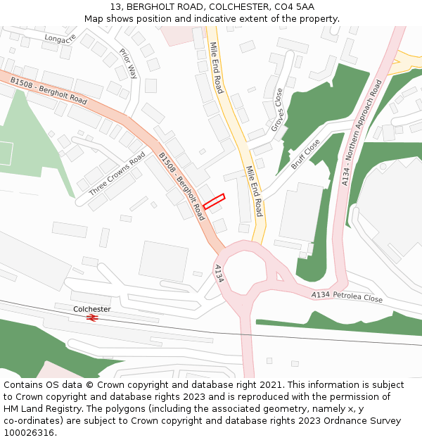 13, BERGHOLT ROAD, COLCHESTER, CO4 5AA: Location map and indicative extent of plot