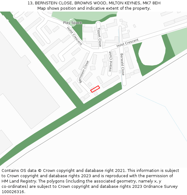 13, BERNSTEIN CLOSE, BROWNS WOOD, MILTON KEYNES, MK7 8EH: Location map and indicative extent of plot