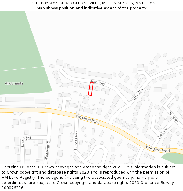 13, BERRY WAY, NEWTON LONGVILLE, MILTON KEYNES, MK17 0AS: Location map and indicative extent of plot