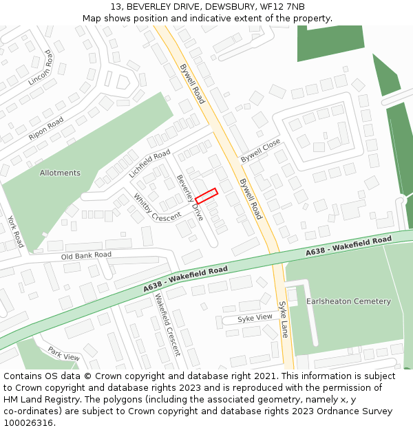 13, BEVERLEY DRIVE, DEWSBURY, WF12 7NB: Location map and indicative extent of plot