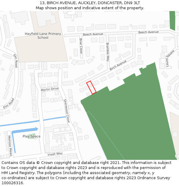 13, BIRCH AVENUE, AUCKLEY, DONCASTER, DN9 3LT: Location map and indicative extent of plot