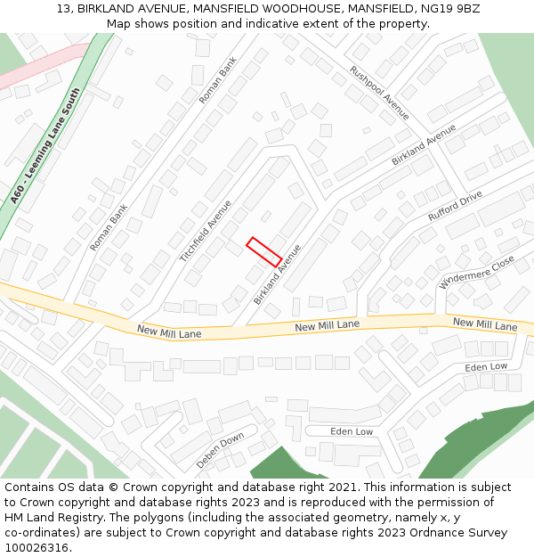 13, BIRKLAND AVENUE, MANSFIELD WOODHOUSE, MANSFIELD, NG19 9BZ: Location map and indicative extent of plot