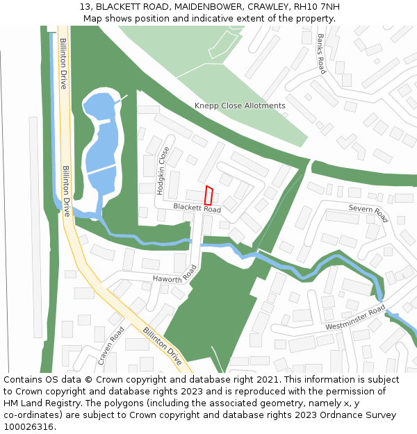 13, BLACKETT ROAD, MAIDENBOWER, CRAWLEY, RH10 7NH: Location map and indicative extent of plot