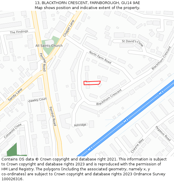 13, BLACKTHORN CRESCENT, FARNBOROUGH, GU14 9AE: Location map and indicative extent of plot