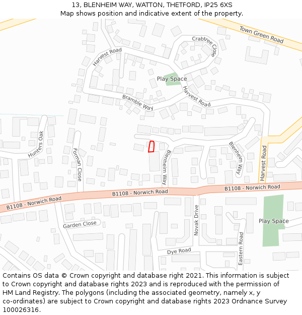 13, BLENHEIM WAY, WATTON, THETFORD, IP25 6XS: Location map and indicative extent of plot