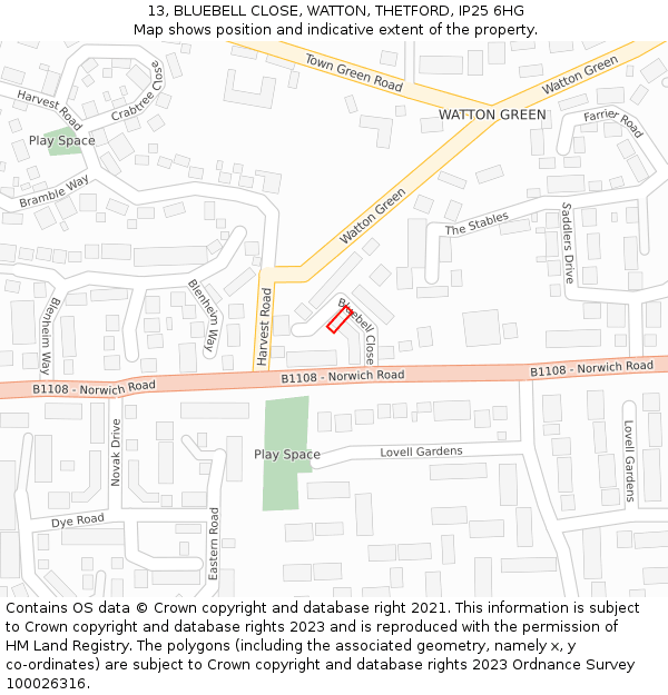 13, BLUEBELL CLOSE, WATTON, THETFORD, IP25 6HG: Location map and indicative extent of plot