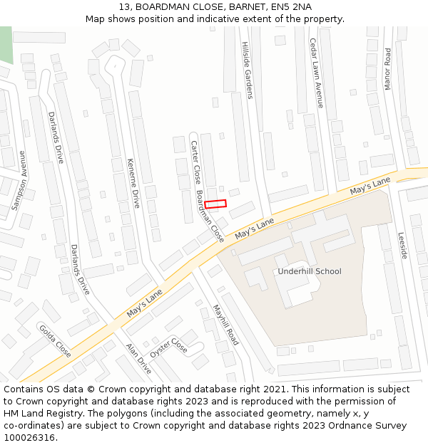 13, BOARDMAN CLOSE, BARNET, EN5 2NA: Location map and indicative extent of plot