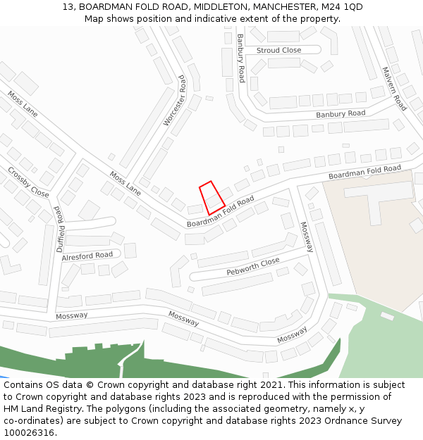 13, BOARDMAN FOLD ROAD, MIDDLETON, MANCHESTER, M24 1QD: Location map and indicative extent of plot